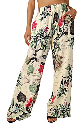 BaiShengGT Damen Blumenmuster Locker Weite Beine Lange Hose mit Seitentaschen Apricot-Blumen M