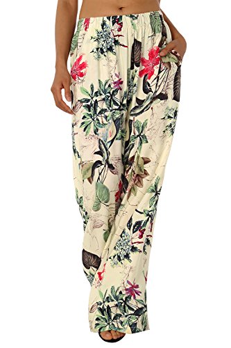 BaiShengGT Damen Blumenmuster Locker Weite Beine Lange Hose mit Seitentaschen Apricot-Blumen M - 2