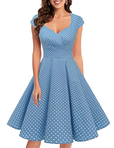 bbonlinedress 1950er Vintage Retro Cocktailkleid Rockabilly V-Ausschnitt Faltenrock Blue Small White Dot S