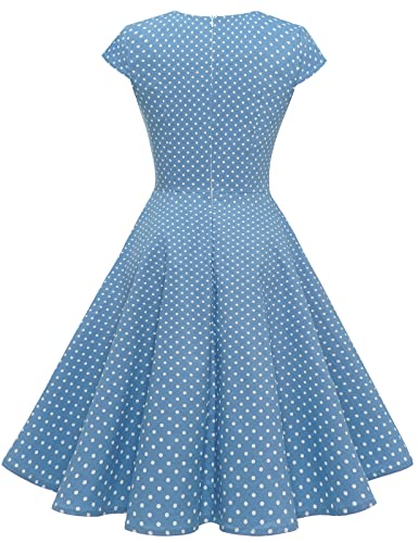 bbonlinedress 1950er Vintage Retro Cocktailkleid Rockabilly V-Ausschnitt Faltenrock Blue Small White Dot S - 2