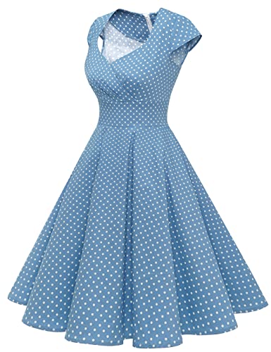 bbonlinedress 1950er Vintage Retro Cocktailkleid Rockabilly V-Ausschnitt Faltenrock Blue Small White Dot S - 3