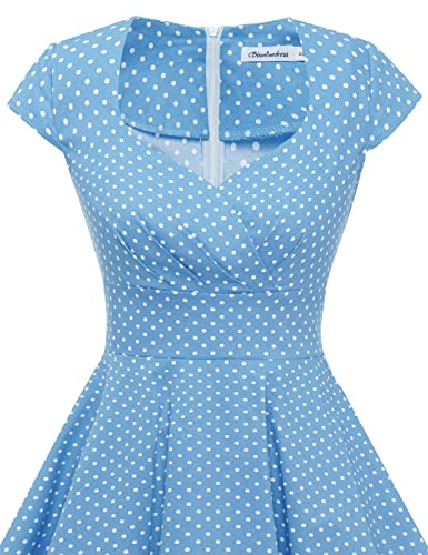 bbonlinedress 1950er Vintage Retro Cocktailkleid Rockabilly V-Ausschnitt Faltenrock Blue Small White Dot S - 6