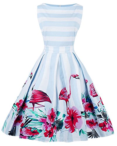 ZAFUL Damen Retro Elegante Cocktailkleider 50er Jahre Hepburn Ärmellos Abendkleid Swing Kleider-Blau Flamingo-XXL