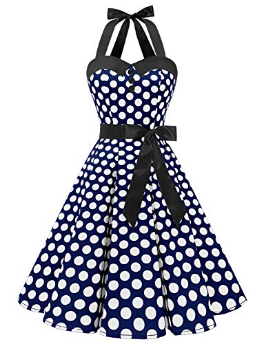 Dressystar Vintage Tupfen Retro Cocktail Abschlussball Kleider 50er 60er Rockabilly Neckholder Marineblue Weiß Dot L