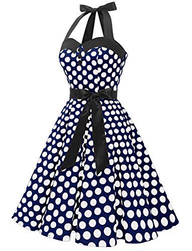 Dressystar Vintage Tupfen Retro Cocktail Abschlussball Kleider 50er 60er Rockabilly Neckholder Marineblue Weiß Dot L - 2