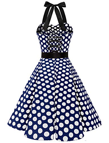 Dressystar Vintage Tupfen Retro Cocktail Abschlussball Kleider 50er 60er Rockabilly Neckholder Marineblue Weiß Dot L - 4