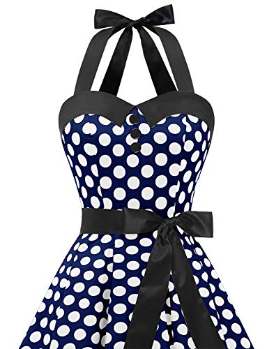 Dressystar Vintage Tupfen Retro Cocktail Abschlussball Kleider 50er 60er Rockabilly Neckholder Marineblue Weiß Dot L - 5