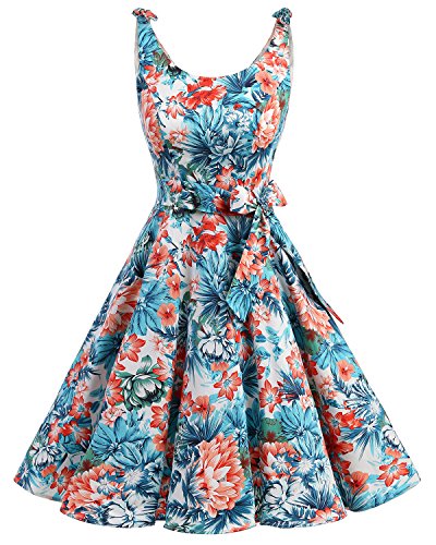 bbonlinedress 1950er Vintage Polka Dots Pinup Retro Rockabilly Kleid Cocktailkleider Blue Red Flower S