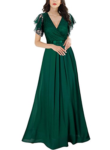 Miusol Damen Aermellos V-Ausschnitt Spitzenkleid Brautjungfer Cocktailkleid Chiffon Faltenrock Langes Kleid Grün XL