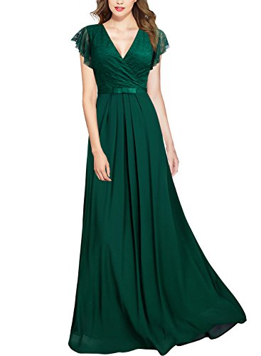 Miusol Damen Aermellos V-Ausschnitt Spitzenkleid Brautjungfer Cocktailkleid Chiffon Faltenrock Langes Kleid Grün XL - 4