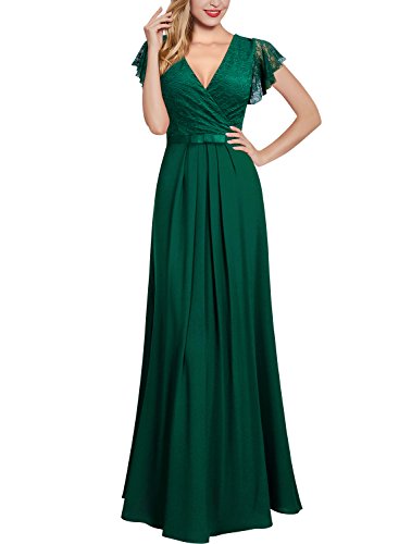 Miusol Damen Aermellos V-Ausschnitt Spitzenkleid Brautjungfer Cocktailkleid Chiffon Faltenrock Langes Kleid Grün XL - 5