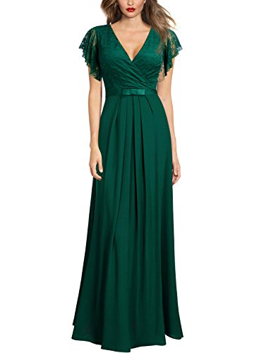 Miusol Damen Aermellos V-Ausschnitt Spitzenkleid Brautjungfer Cocktailkleid Chiffon Faltenrock Langes Kleid Grün XL - 6