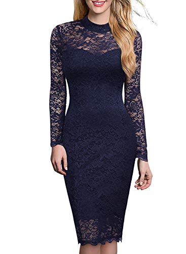 Miusol Spitzen Kleid, Damen Elegant Knielanges Langarm Abendkleid Navy Blau S