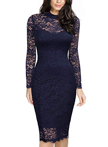 Miusol Spitzen Kleid, Damen Elegant Knielanges Langarm Abendkleid Navy Blau S - 4