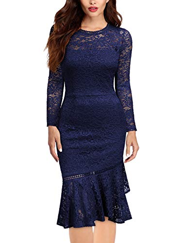 Miusol Damen Elegant Spitzen Cocktailkleid Party Kleid Rundhals Knielanges Lange Ärmel Asymmetric Abendkleider Navy Blau L