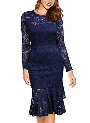 Miusol Damen Elegant Spitzen Cocktailkleid Party Kleid Rundhals Knielanges Lange Ärmel Asymmetric Abendkleider Navy Blau L - 4