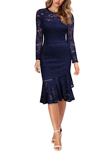 Miusol Damen Elegant Spitzen Cocktailkleid Party Kleid Rundhals Knielanges Lange Ärmel Asymmetric Abendkleider Navy Blau L - 5