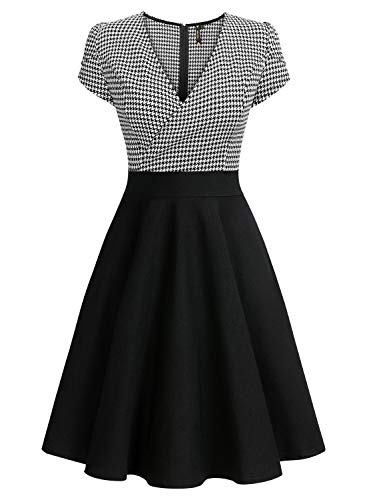 Miusol Damen V-Ausschnitt mit Hahnentritt Muster Blumen Ärmel Knielang Swing Partykleid A-Line Rockabilly Kleid Schwarz 2XL - 5