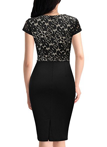 Miusol Damen Spitzenkleid Etuikleid mit Falte Cocktail Pencil Kleid Schwarz Gr.XL - 2