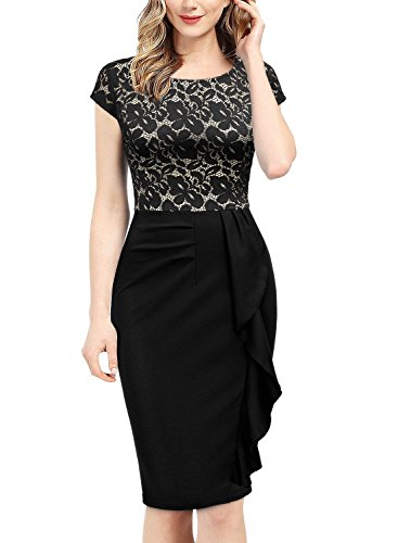 Miusol Damen Spitzenkleid Etuikleid mit Falte Cocktail Pencil Kleid Schwarz Gr.XL - 5