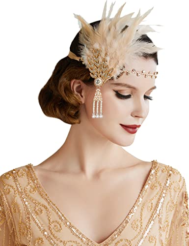BABEYOND Damen Feder Stirnband 1920s Stil Flapper Art Deco Inspiriert von Great Gatsby Blatt Blinkende Kristalle Haarband (Champagner)