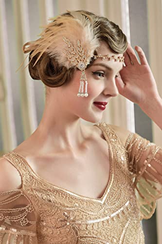 BABEYOND Damen Feder Stirnband 1920s Stil Flapper Art Deco Inspiriert von Great Gatsby Blatt Blinkende Kristalle Haarband (Champagner) - 4