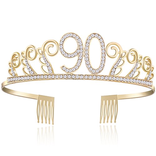 BABEYOND Kristall Geburtstag Tiara Birthday Crown Prinzessin Geburtstag Krone Haar-Zusätze Rosa oder Silber Diamante Glücklicher 18/20/21/30/40/50/60/90 Geburtstag (90 Jahre alt Gold)