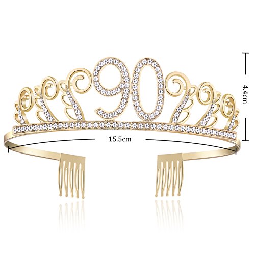 BABEYOND Kristall Geburtstag Tiara Birthday Crown Prinzessin Geburtstag Krone Haar-Zusätze Rosa oder Silber Diamante Glücklicher 18/20/21/30/40/50/60/90 Geburtstag (90 Jahre alt Gold) - 2