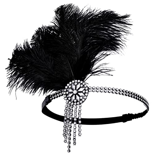 Babeyond Damen Flapper Stirnband Schwarzes Feder-Stirnband Zwanziger Jahre Kristallhaar-Zusätze Tassel Stirnband Straußenfeder