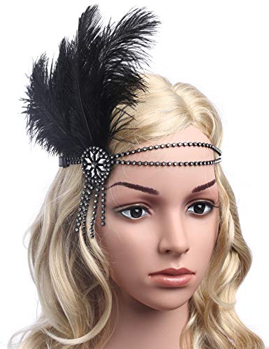 Babeyond Damen Flapper Stirnband Schwarzes Feder-Stirnband Zwanziger Jahre Kristallhaar-Zusätze Tassel Stirnband Straußenfeder - 4