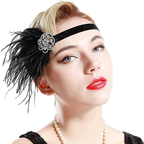 BABEYOND 1920s Feder Stirnband 20er Jahre Stil Art Deco Flapper Haarband Great Gatsby Stirnband Damen Kostüm Accessoires (Schwarz mit elastischem Band)
