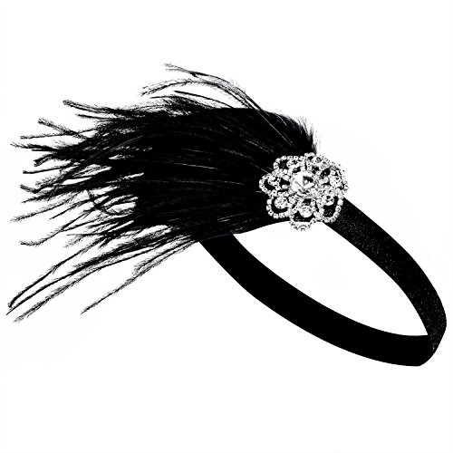 BABEYOND 1920s Feder Stirnband 20er Jahre Stil Art Deco Flapper Haarband Great Gatsby Stirnband Damen Kostüm Accessoires (Schwarz mit elastischem Band) - 2