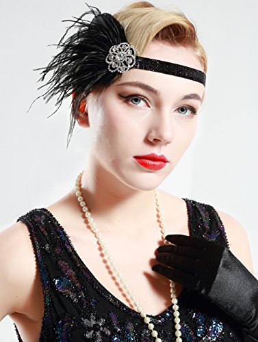 BABEYOND 1920s Feder Stirnband 20er Jahre Stil Art Deco Flapper Haarband Great Gatsby Stirnband Damen Kostüm Accessoires (Schwarz mit elastischem Band) - 3