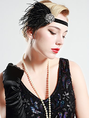 BABEYOND 1920s Feder Stirnband 20er Jahre Stil Art Deco Flapper Haarband Great Gatsby Stirnband Damen Kostüm Accessoires (Schwarz mit elastischem Band) - 4
