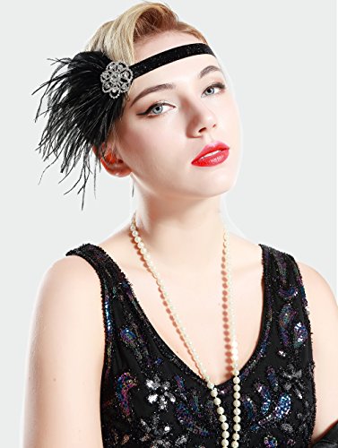 BABEYOND 1920s Feder Stirnband 20er Jahre Stil Art Deco Flapper Haarband Great Gatsby Stirnband Damen Kostüm Accessoires (Schwarz mit elastischem Band) - 5