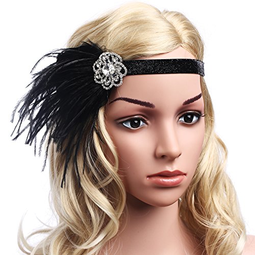 BABEYOND 1920s Feder Stirnband 20er Jahre Stil Art Deco Flapper Haarband Great Gatsby Stirnband Damen Kostüm Accessoires (Schwarz mit elastischem Band) - 6