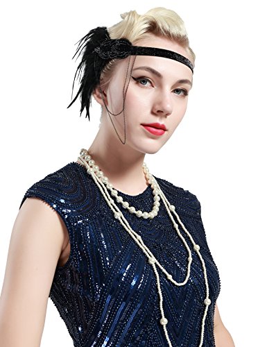 BABEYOND Damen 1920s Stirnband mit Feder 20er Jahre Stil Flapper Haarband Inspiriert von Great Gatsby Damen Kostüm Accessoires (Schwarz) - 3