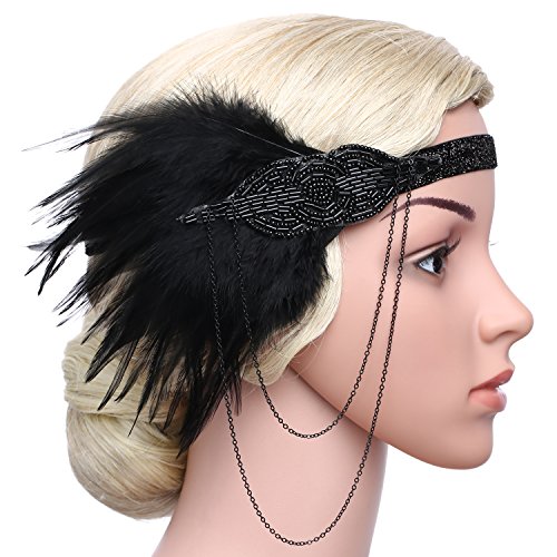 BABEYOND Damen 1920s Stirnband mit Feder 20er Jahre Stil Flapper Haarband Inspiriert von Great Gatsby Damen Kostüm Accessoires (Schwarz) - 5