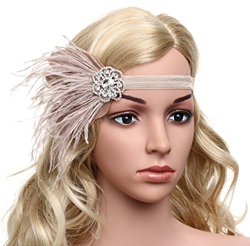 BABEYOND 1920s Feder Stirnband 20er Jahre Stil Art Deco Flapper Haarband Great Gatsby Stirnband Damen Kostüm Accessoires (Aprikose mit elastischem Band)