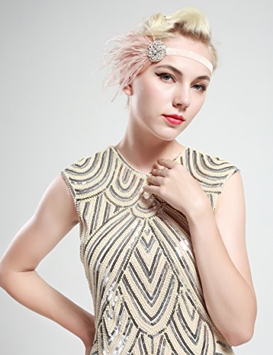 BABEYOND 1920s Feder Stirnband 20er Jahre Stil Art Deco Flapper Haarband Great Gatsby Stirnband Damen Kostüm Accessoires (Aprikose mit elastischem Band) - 3