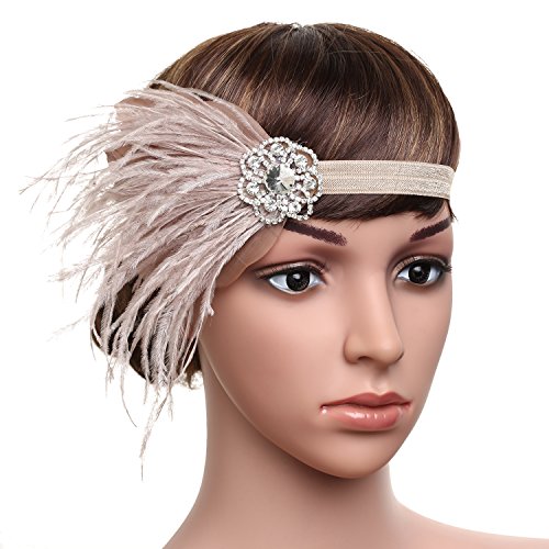BABEYOND 1920s Feder Stirnband 20er Jahre Stil Art Deco Flapper Haarband Great Gatsby Stirnband Damen Kostüm Accessoires (Aprikose mit elastischem Band) - 4