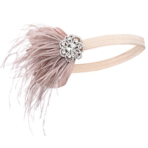 BABEYOND 1920s Feder Stirnband 20er Jahre Stil Art Deco Flapper Haarband Great Gatsby Stirnband Damen Kostüm Accessoires (Aprikose mit elastischem Band) - 5