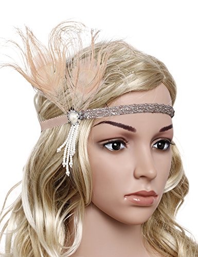 BABEYOND 1920s Stirnband Feder Flapper Stirnband mit Perlen Troddel 20er Jahre Haarband Große Gatsby Kostüm Accessoires Damen Retro Stirnband (Aprikose Rosa) - 2