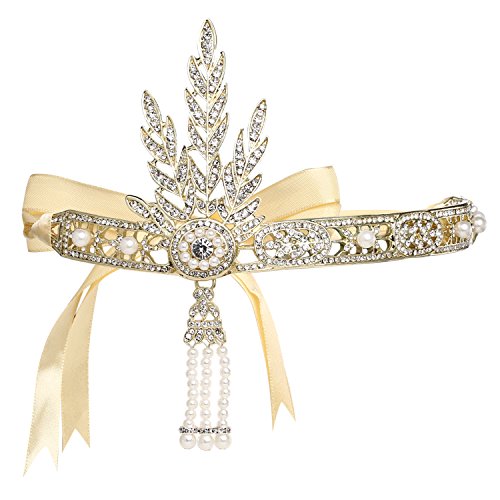 BABEYOND Damen Stirnband Bling Silber Glanz Inspiriert von Great Gatsby Blatt Muster Perlen Stirnband Haar-Tiara Damen 1920 Accessoires (Gold)