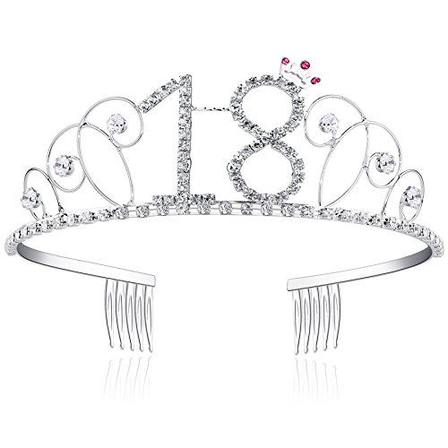 BABEYOND Kristall Geburtstag Tiara Birthday Crown Prinzessin Kronen Haar-Zusätze Silber Diamante Glücklicher 18/20/21/30/40/50/60 Geburtstag (18 Jahre alt)