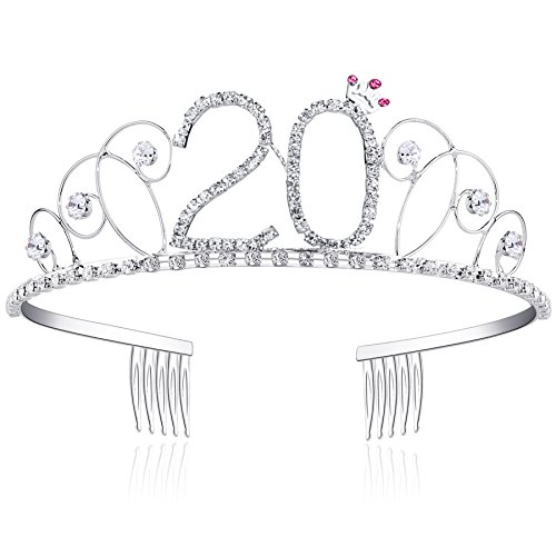 BABEYOND Kristall Geburtstag Tiara Birthday Crown Prinzessin Kronen Haar-Zusätze Silber Diamante Glücklicher 18/20/21/30/40/50/60 Geburtstag (20 Jahre alt)