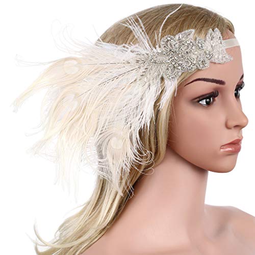 Babeyond Damen Stirnband Flapper 1920s Stil Stirnband mit weisser Pfau Feder Inspiriert von Der Große Gatsby Party Accessoires für Damen Einheitsgröße