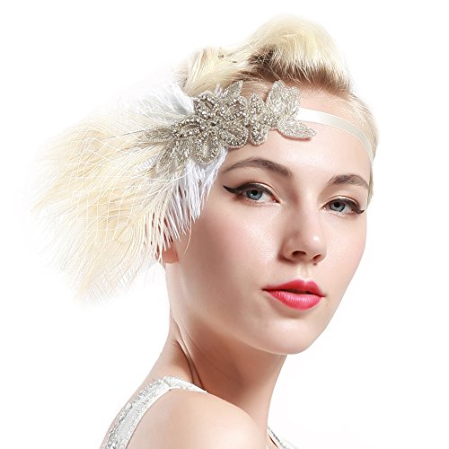 Babeyond Damen Stirnband Flapper 1920s Stil Stirnband mit weisser Pfau Feder Inspiriert von Der Große Gatsby Party Accessoires für Damen Einheitsgröße - 2