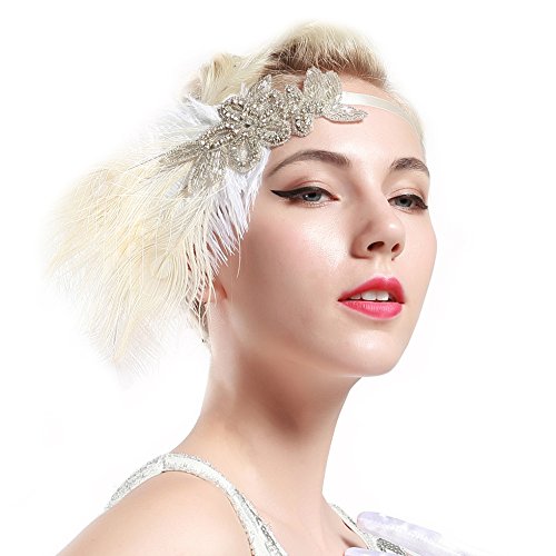 Babeyond Damen Stirnband Flapper 1920s Stil Stirnband mit weisser Pfau Feder Inspiriert von Der Große Gatsby Party Accessoires für Damen Einheitsgröße - 3