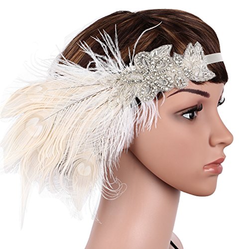 Babeyond Damen Stirnband Flapper 1920s Stil Stirnband mit weisser Pfau Feder Inspiriert von Der Große Gatsby Party Accessoires für Damen Einheitsgröße - 4